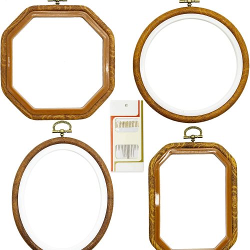4 Sizes Imitated Wood Multiple Shapes Embroidery Hoop Set Plastic Circle Cross Stitch Hoop Rings for DIY Craft Sewing, Small Faux Wooden Embroidery Hoop Including 16pcs Gold Eye Sewing Needles