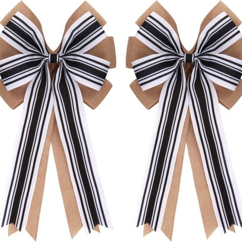 2 Pcs 20 x 10 Inch Large Double Burlap Bows Black and White Farmhouse Striped Wreaths Bow for Gift Wrapping Tree Topper Front Door Home Decorations