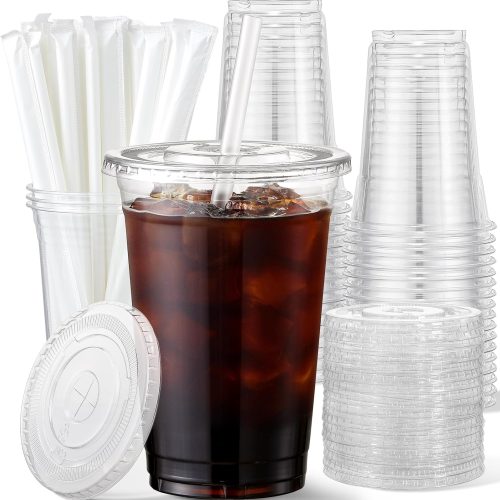 20 oz Plastic Cups with Lids and Straws, 50 Pack, Disposable Iced Coffee Cups with Lids for Cold Drinks, Iced Tea, Milkshakes, Smoothies - Durable & BPA Free