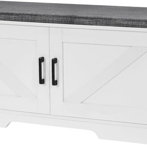 1 2-Tier Storage Bench, 39.4" Wide Shoe Bench with Padded Seat Cushion, Entryway Bench with 2 Barn Doors and Adjustable Shelf, White