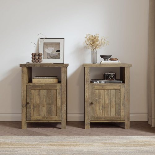 1 Farmhouse Nightstands Set of 2, Rustic Vintage End Side Table with Storage and Open Shelf, Small Bedside Tables for Bedroom, Wash Gray