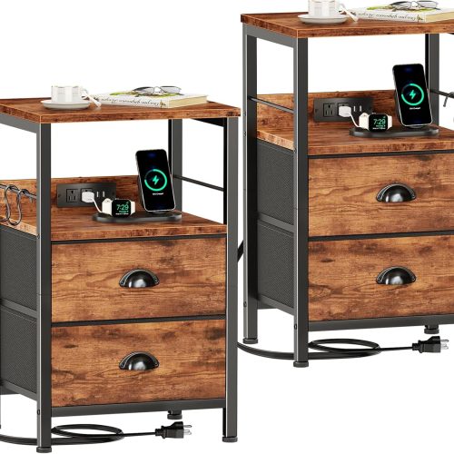 Nightstand Set of 2, Rustic Brown, with Charging Station and USB Ports, Side Tables with 2 Fabric Drawers, Bedside Tables with Storage Shelf & Hooks, for Living Room/Bedroom