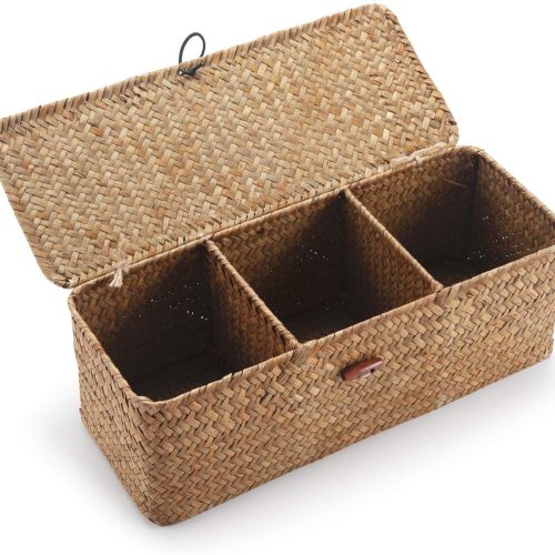Seagrass Tank Basket with Lid Woven Toilet Roll Storage Basket with Sections Rectangular for Organize Snack Toys Tampon (Large Compartment 16.5inch L x 5.5inch W x 5.5inch H) Natural