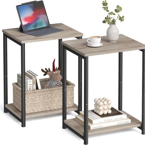 Side Tables Set of 2, Small End Table, Nightstand for Living Room, Bedroom, Office, Bathroom, Greige and Black ULET272B02