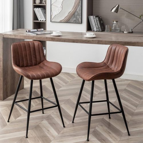 Brown Bar Stools Set of 2, Fabric Upholstered Barstools Armless, 24 in Bar Stool Bar Height, Black and Brown Barstools for Home Bar, Coffee Bar.