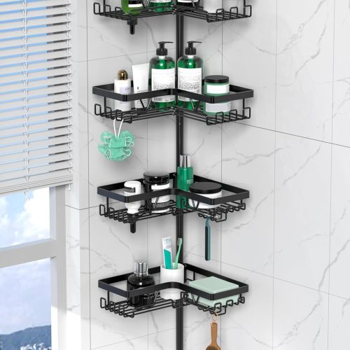 Corner Shower Caddy Tension Pole - 4 Tier Stainless Steel Rustproof Shower Corner Caddy for Bathtub Bathroom Shower Organizer Shelves Adjustable Pole 25-114.2 Inch Black