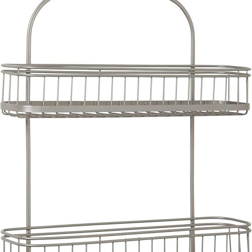 Shower Caddy, Modern and Functional, Steel Shower Rack with 2 Extra Wide Shelves and Built-in Hooks, Satin Nickel