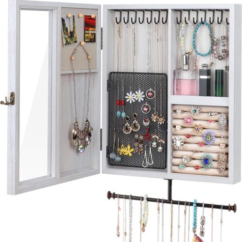 1 Wall Mounted Jewelry Organizer With Rustic Wood Large Space Jewelry Cabinet, Holder, Storage Box for Necklaces, Earrings, Bracelets, Ring Holder, and Accessories White