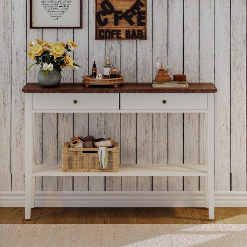 1 Farmhouse Console Table with Drawers, Narrow Wood Accent Sofa Table Entryway Table with Storage Shelf for Entryway, Front Hall, Hallway, Living Room, Antique White & Brown