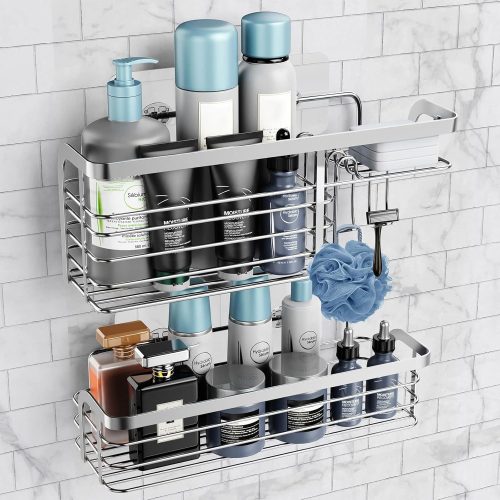 1 Adhesive Shower Caddy 2 Pack Shower Organizer Shelf, No Drilling Stainless Steel Bathroom Storage Rack for Inside Shower Shampoo Conditioner Holder,Silver (Shower Caddy Sliver)