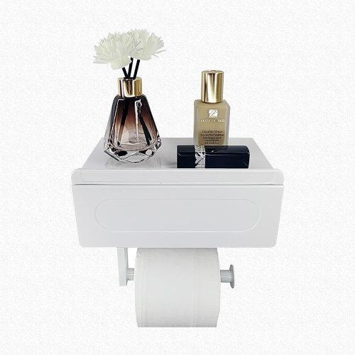 1 Toilet Paper Holder with Built-in Storage Drawer | Glossy Plastic Bathroom Organizer | Dual-Mount Rust-Resistant, Adjustable Shelf & Left/Right Wall Mount (White)