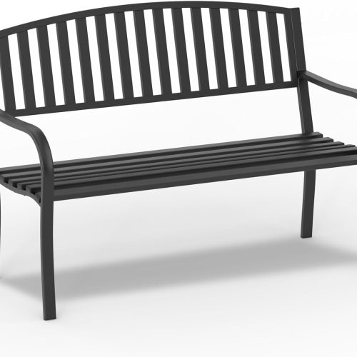 1 On Shine 50'' Outdoor Bench Weatherproof, Cast Iron All Metal Frame Garden Bench, Anti-Rust Patio Park Bench Clearance for Front Porch, Yard, Lawn, Deck