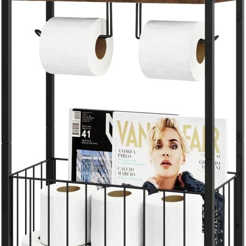 1 Freestanding Toilet Paper Holder with Storage Shelf, Bathroom Toilet Paper Holder Stand with Extra Roll Storage Basket, Floor Standing Tissue Organizer for Wipes Magazine Phone, Rustic Brown