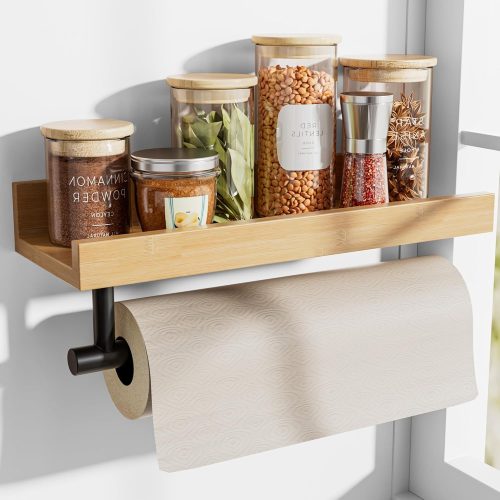 1 Paper Towel Holder Wall Mount with Shelf, Bamboo Tissue Paper Spice Rack, 13 inch Hanging Roll Holder for Kitchen, Bathroom, Garage, Toilet, Laundry Room, 1 Pack