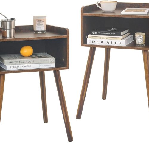 1 Night Stand Set 2, Mid Century Modern Side Table Bedroom with Storage, Small End Bedside Table Set of 2 with Solid Wood Legs for Living Room, Office Small Spaces (Rustic Brown)
