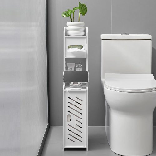 1 White Toilet Paper Holder Stand, Large Capacity Slim Bathroom Storage Cabinet and Organizers for Small Space, Beside Toilet Storage Cabinet (White)