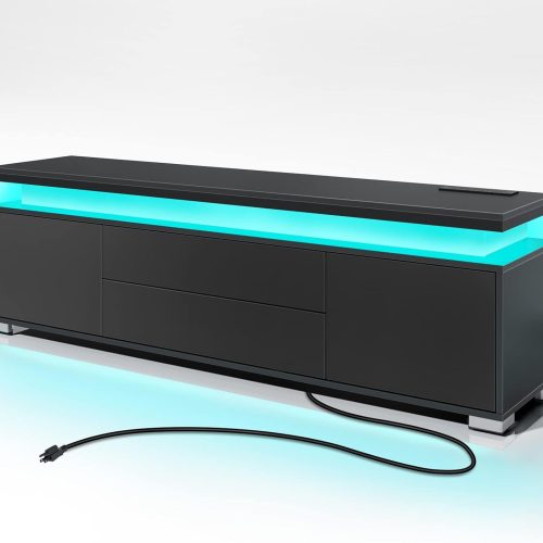 1 TV Stand with Power Outlet & LED Lights, Modern Entertainment Center for 32/43/50/55/65 Inchs TVs, TV Table, Universal Gaming LED TV Media Stand with Large Storage Cabinet, Black