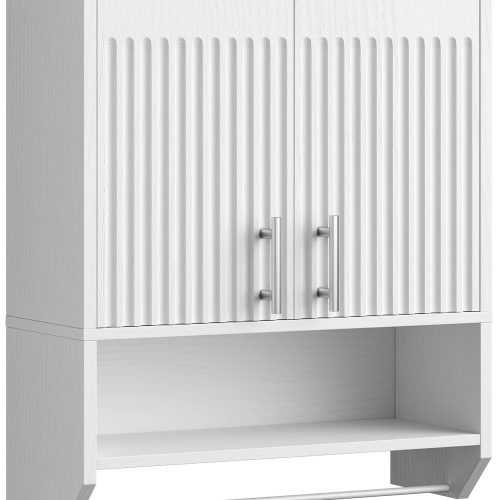 Fluted Bathroom Wall Cabinet, Farmhouse Medicine Cabinet with 2 Fluted Doors, Wall Storage Shelf with Towel Rack, Adjustable Shelf, for Small Spaces, Bathroom, Kitchen, White