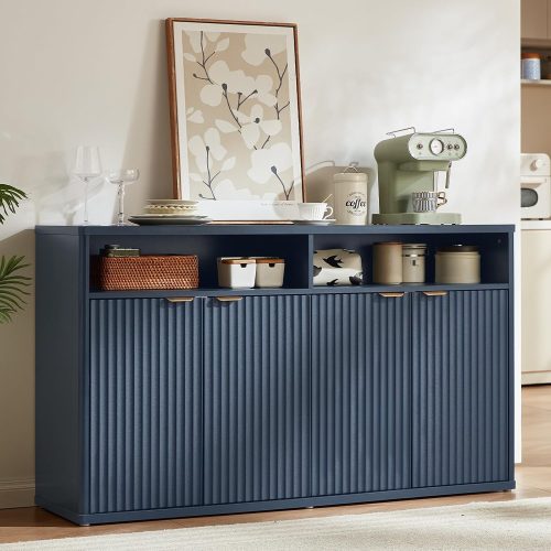 Fluted Buffet Cabinet with Storage, 55" Wide Wood Sideboard Credenza with 4 Doors & Open Storage Shelf, Modern Kitchen Console Accent Cabinets, Coffee Bar Table for Dining Room, Dark Blue