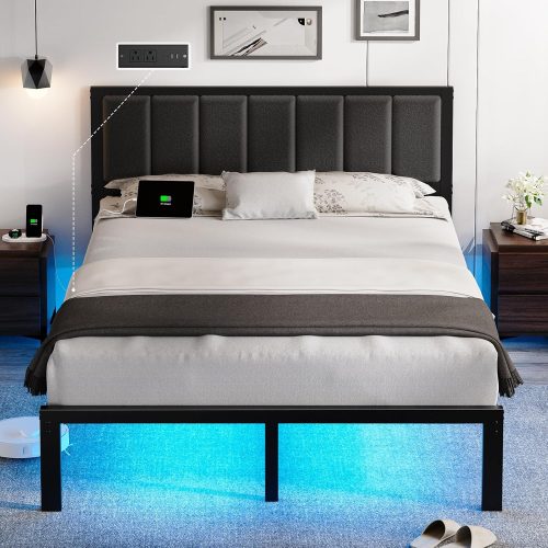 Queen Bed Frame with Headboard Metal Platform Bed Queen Size with USB Charging Station and LED Lights, No Box Spring Needed