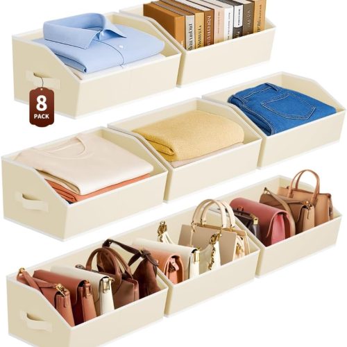 Large Closet Organizers and Storage Bins - 8 Pack Trapezoid Storage Baskets for Shelves, Foldable Fabric Baskets with Handles Ideal for Closet, Basket, Wardrobe and Shelf Storage, Beige