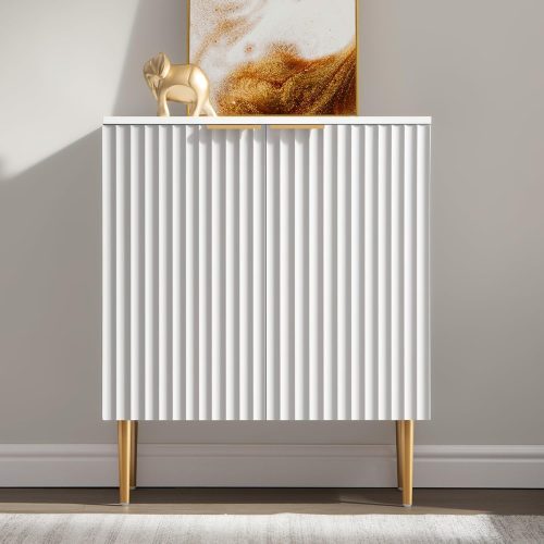 1 Fluted Sideboard Buffet Cabinet - Modern Credenza Storage Cabinet with 2 Doors & Adjustable Shelf, Space-Saving Console Coffee Bar Table for Living Room, Kitchen, Entryway, Hallway, White