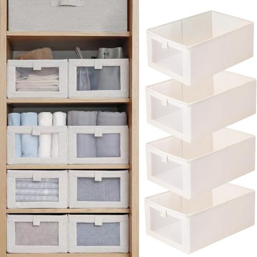 Linen Closet Organizers And Storage, 4 Pack Storage Bins Baskets for Organization Foldable Organizer with Clear Window Organizing Clothing, Jeans, Shelves
