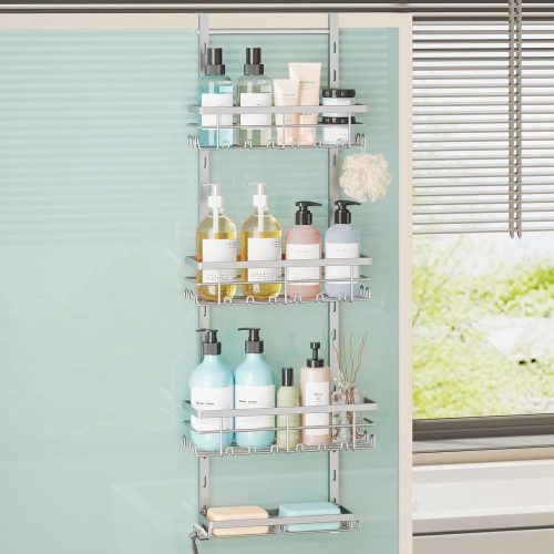 Over The Door Shower Caddy - 4 Tier Rustproof Hanging Shower Organizer with Adjustable Shelves, 40 Hooks & Soap Holder, Hanging Shower Rack Storage for Bathroom Accessories, Silver