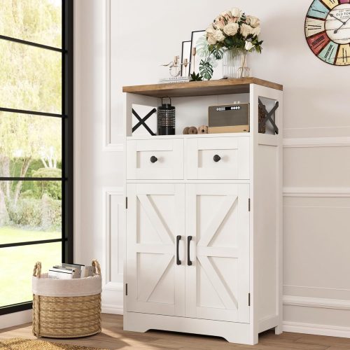 Farmhouse White Storage Cabinet with Doors and Drawers, Freestanding Kitchen Pantry Cabinet, Floor Storage Cabinet Hutch Cupboard for Kitchen, Living Dining Room, Bathroom