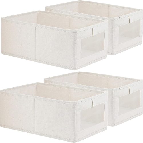 4 Pack Linen Storage Bins, Storage Containers for Organizing Clothing, Jeans, Toys, Books, Shelves, Closet, Wardrobe - Closet Organizers and Storage, Large Storage Boxes Baskets with Window