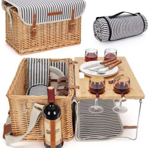 Wicker Picnic Basket for 4, 4 Person Picnic Kit, Willow Hamper Service Gift Set with Blanket Portable Bamboo Wine Snack Table for Camping and Outdoor Party
