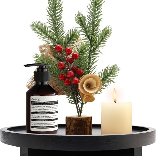 1 Black Decorative Wooden Tray for Kitchen Counter Bathroom Accessories Sink Vanity Trays Wood Riser Candle Pedestal Stand for Perfume Soap Trays Round Dining Coffee Table Small Rustic Home Decor Tray