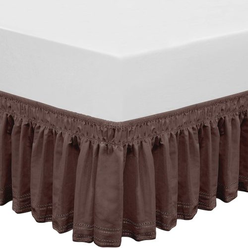 1 Wrap Around Elastic Eyelet Bed Skirts 14 1/2 Inches Drop Dust Ruffle Three Fabric Sides Easy On/Easy Off Adjustable Polyester Cotton(Brown Queen/King)