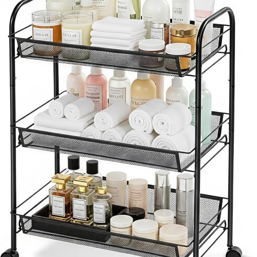 1 3 Tier Metal Rolling Cart with Wheels, Wire Bathroom Organizer Storage Shelves with Hooks, Utility Cart for Kitchen Laundry Room, Black
