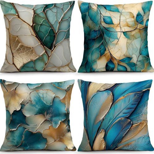 1 Teal and Gold Leaf Decorative Throw Pillow Covers 18x18 Set of 4, Modern Abstract Botanical Pillow Cases for Sofa Living Room Decor