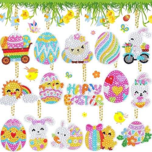 15 Pcs Easter Diamond Painting Keychains 5D Easter Egg Full Drill Making Key Chains Key Ring Diamond Art Keychains Pendant DIY Diamond Decorative Accessories for Easter Holiday(Cute Style)