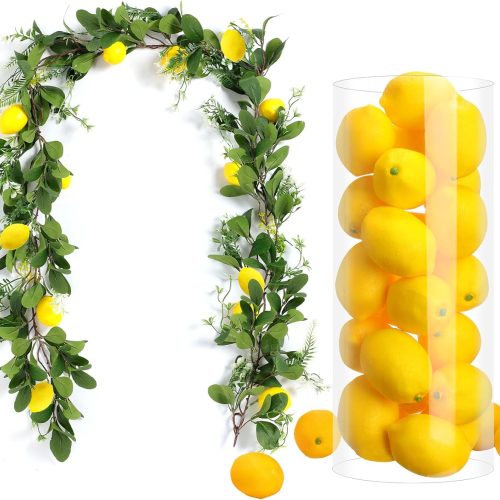 6 ft Artificial Summer Lemon Garland with 30 Pcs 3 x 2 Inch Fake Lemons Greenery Fake Fruit Party Decoration for Home Front Wedding Shower Party Table
