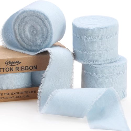 1 Blue Ribbon 1-1/2 x 15 Yards Handmade Cotton Frayed Fringe Fabric Ribbons for Crafts Flower Bouquets Wedding Baby Shower Home DIY Decor