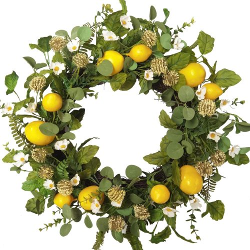 22 Inch Summer Yellow Lemon Wreath with Green Leaves for Front Door, Spring Summer Lemon Eucalyptus Wreath for Inside and Outside, Wedding Wild Flowers Decor