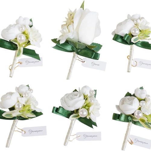 6pcs White Boutonniere for Men Wedding - Realistic Ranunculus & Pearl Groom Groomsmen Corsage Set with Gold Pins - Artificial Silk Flower for Formal Prom, Homecoming, Anniversary Suit
