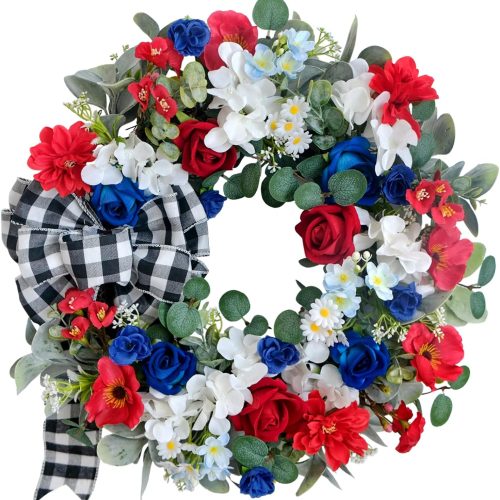 22 Inch Patriotic Wreath 4th of July Wreaths for Front Door Red White and Blue Wreath Artificial Roses Hydrangea and Plaid Bow for Memorial Independence Day Spring Indoor Outdoor Decorations