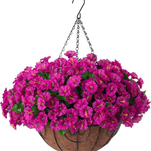 Artificial Hanging Flowers Plants with Basket for Outdoors - Fake Petunias Flowers Fake Silk Morning Glory Planter for Outside Porch Patio Balcony Garden Spring Summer Decor(Purple red)