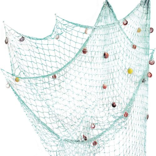 Nature Fish Net Wall Decoration with Shells, Ocean Themed Wall Hangings Fishing Net Party Decor for Pirate Party,Wedding,Photographing Decoration (Aqua)