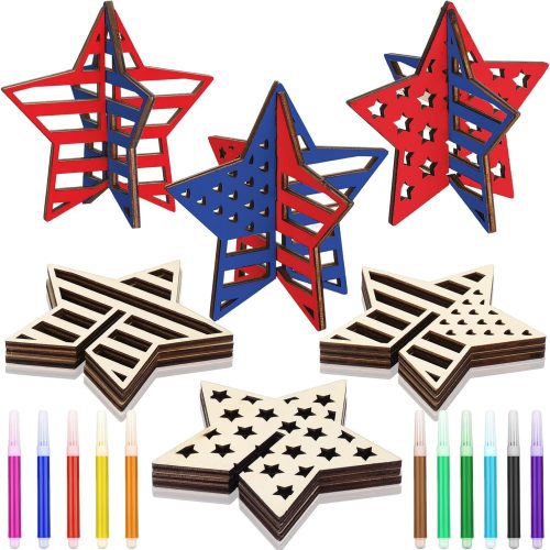 36 Pcs Patriotic Crafts Set 24 Wood Stars for Crafts 4th of July 3D Star Cutouts with 12 Colored Pens Memorial Day Unfinished Wooden Slices to Paint for Independence Day Tiered Tray Decor