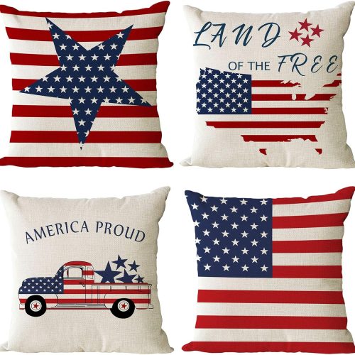 Set of 4 Patriotic Throw Pillow Covers 18x18 4th of July Pillow Covers American Flag Fourth of July Memorial Day Independence Day Red White Blue Veteran Pillow Cases for Home Outdoor Decoration