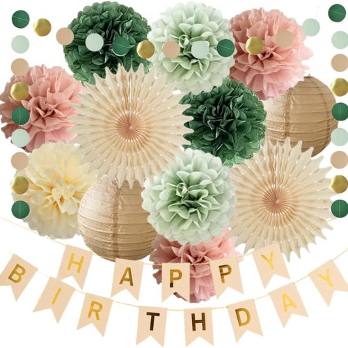 Pink and Sage Green Birthday Decorations Sage Green Dusty Pink Birthday Decorations Green Pink Paper Pom Poms Paper Fans Happy Birthday Banner for Women Girls