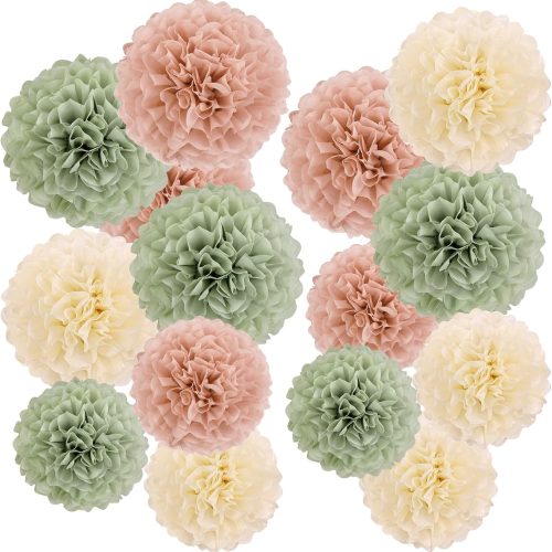 Sage Green Tissue Pom Poms Paper Flowers Decorations Natural Green Boho Hanging Décor for Safari Jungle Party Bridal Shower Baby Shower Home Decor Nursery Birthday Backdrop 15PCS