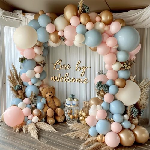 Gender Reveal Balloon Arch Kit, 144PCS Dusty Pink and Blue Balloons Chrome Gold Sand White Balloons for Boy or Girl Gender Reveal Boho Bachelorette Birthday Wedding Bridal Bear Theme Decorations