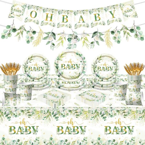 Sage Green Baby Shower Decorations Neutral - 170Pcs Gender Neutral Party Supplies Include Oh Baby Banner,Plates,Napkins,Tablecloths for Welcome Baby Shower Gender Neutral,Birthday Party（24 Guests）