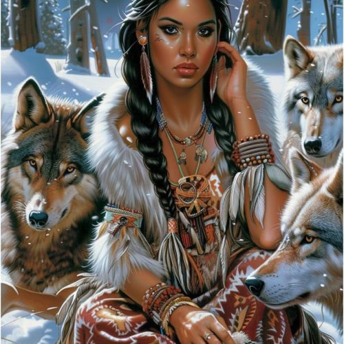5D Diamond Art Painting by Number Kits for Adults American Native Indian Woman and Wolf DIY Paint with Full Drill Round Diamond Gems Painting Art Craft for Home Wall Decor 11.8x15.8in(10)